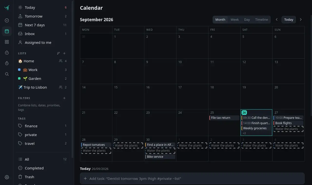 Month calendar with tasks and recurring items