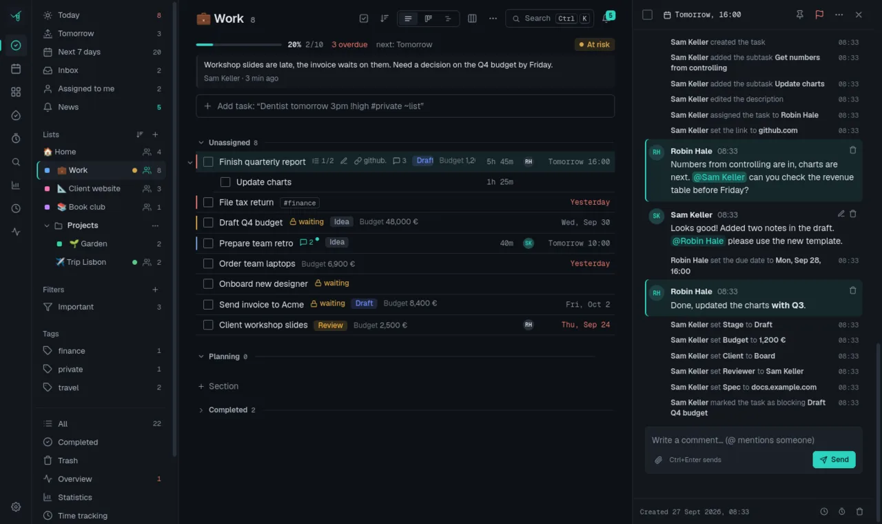 Task panel with activity lines and comments with mentions