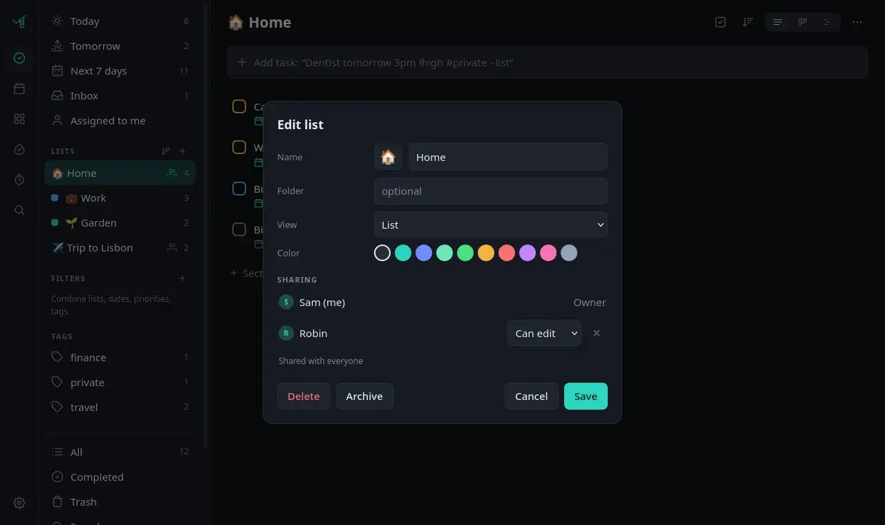 Edit list dialog with the sharing section